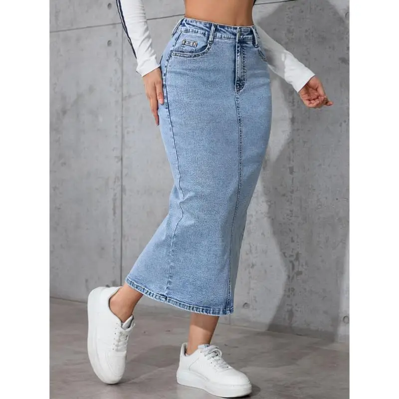 

Юбка-миди из денима больших размеров с разрезом, H-образный силуэт, рукава «летучая мышь», ткань ПВХ, вышивка, женская мода весна-лето