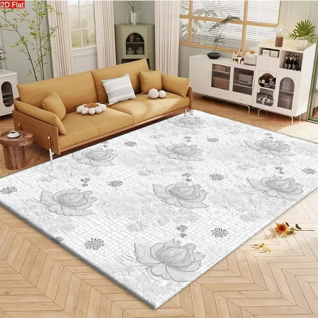 Carpet Flooring Sketch Lotus Floral Grid Texture Artistic Printed Carpet Flooring Household Indoor Decorative Floor Rug