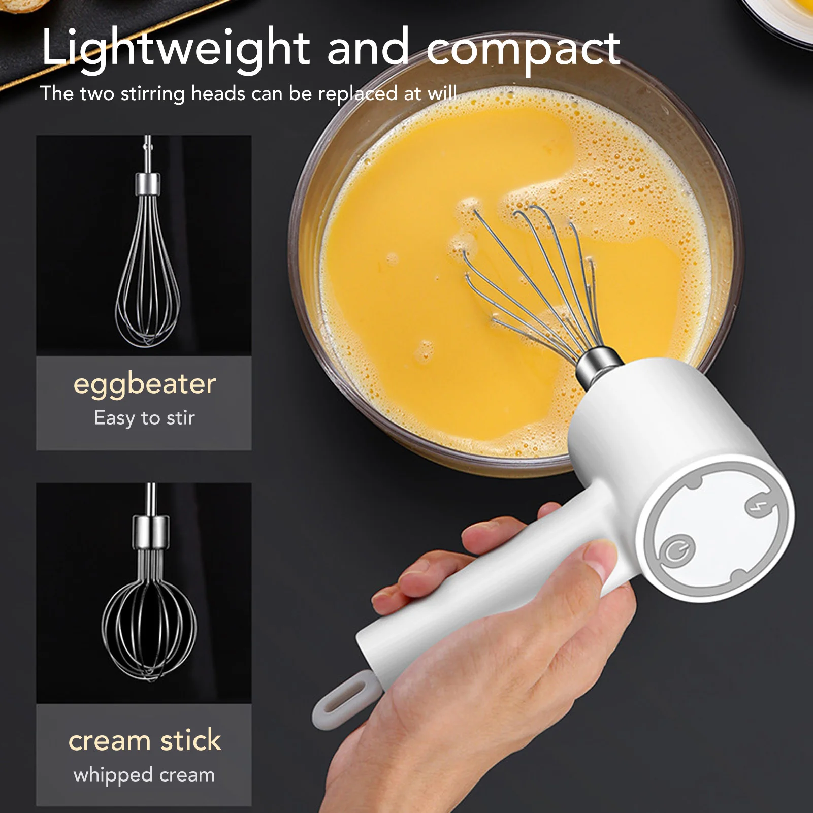 Cordless Electric Hand Mixer USB Rechargable Handheld Eggbeater EleCordless ctric Milk Frother with 2 Stir Sticks for Home White
