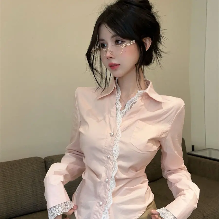 

French Openwork Lace Polo Neck Shirt Women'S Autumn New Temperament Slim High-Grade Long-Sleeved Shirt