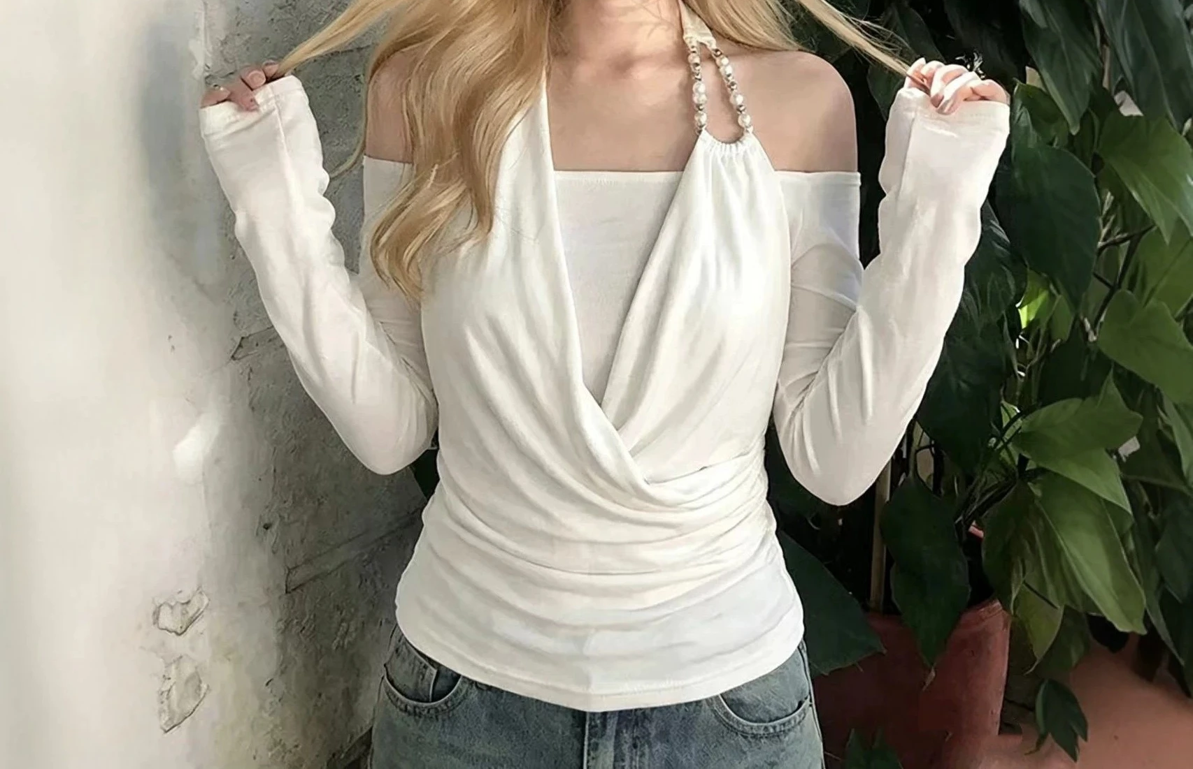 

Women's Summer Stylish Fake Two-Piece Halter Swing Neck Long Sleeve T-Shirt Thin Waist Slim Unique Top