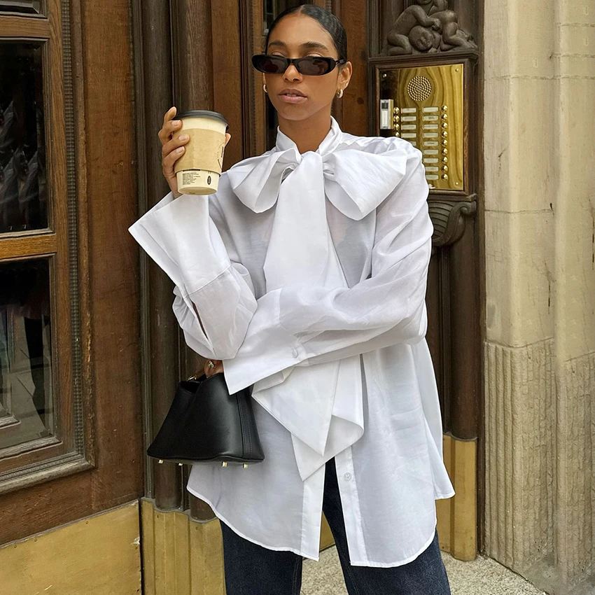 

Linad Street Chic белые рубашки на шнуровке, осенние элегантные тканые блузки с рукавами-рубашкой, модные однобортные топы, женские повседневные топы 2023 г.