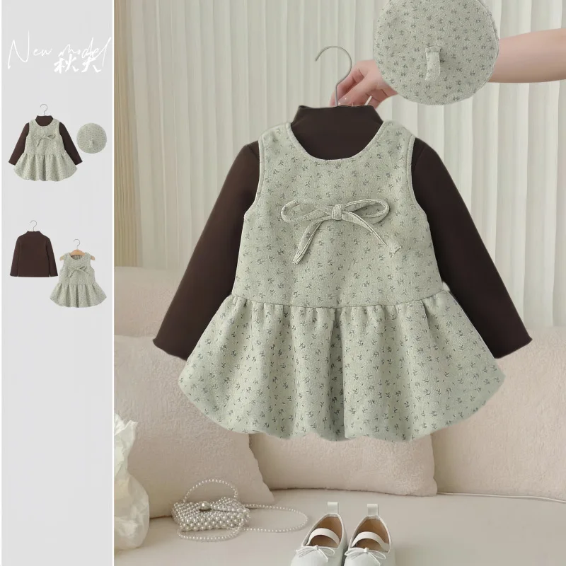Korean Girl Autumn Flower Print Dress  Fashion Gentle Girl Baby Long Sleeve Bowknot Two Price Set
