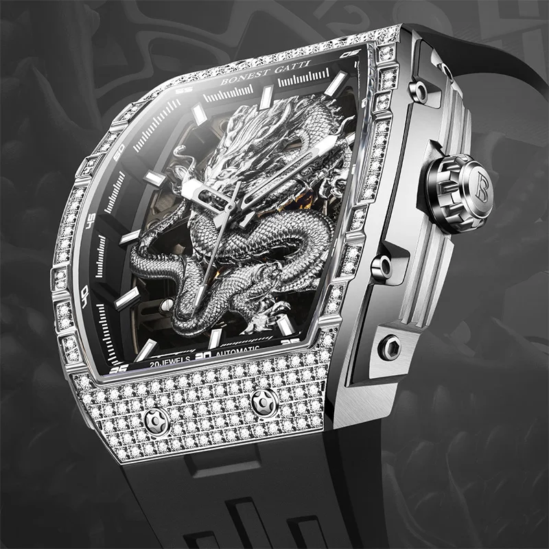 

BONEST GATTI Men's Fashion Mechanical Watch with Silicone Strap Dragon Design Luminous Business Wristwatch BG5605-A1