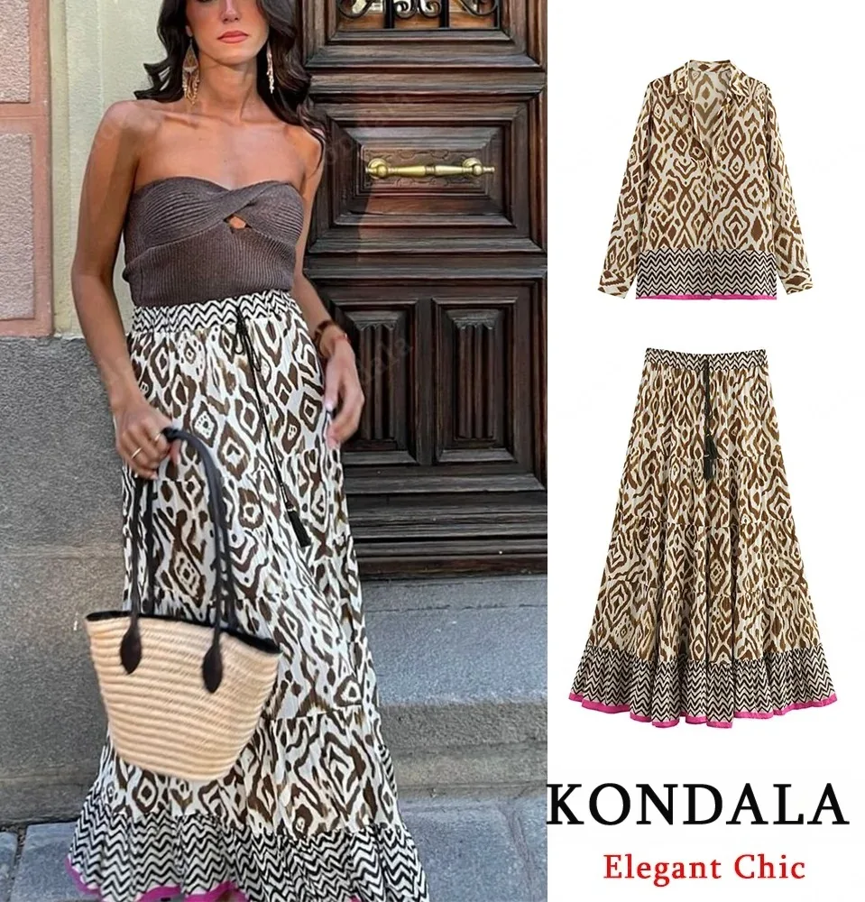 

KONDALA женский комплект с контрастной юбкой с волнистым принтом, рубашка с пуговицами и юбка на шнурке, весенне-осенний новый модный комплект в уличном стиле