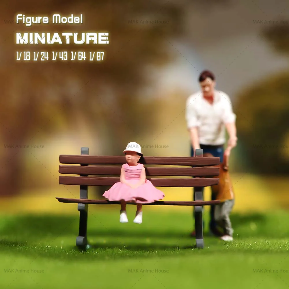 Miniatures 1/87 1/64 1/43 1/24 1/18 Father And Son Frolicking little Girl Sitting On A Park Bench Doll Model Home Scene Car Toys