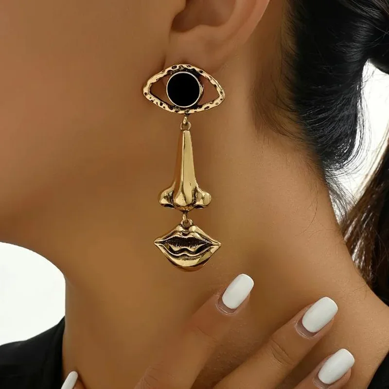 1Pair Exquisite Long Retro Lips & Nose & Eye Design Earrings, Cool Abstract Earrings Jewelry , Creative Gift