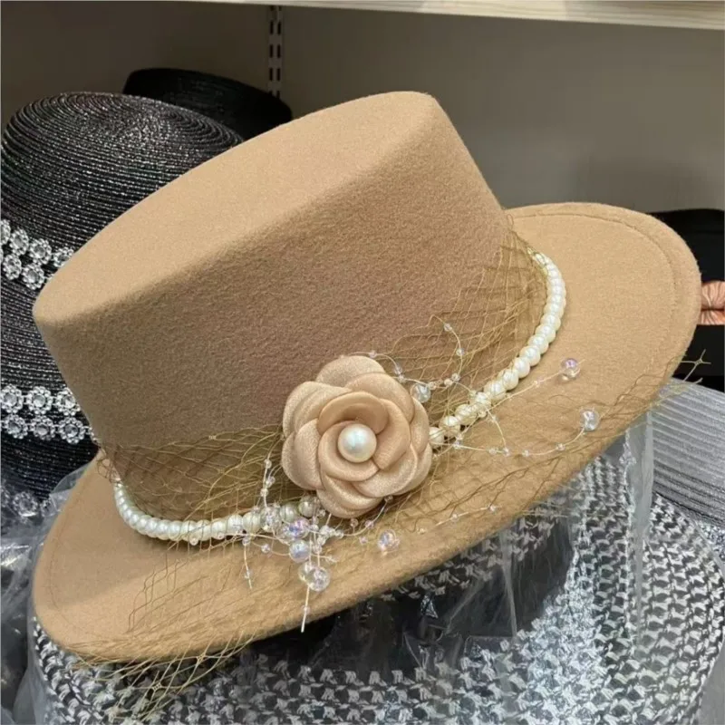 

Autumn and winter flower-shaped top hats flat-topped Kong-style gentleman styled mesh felt