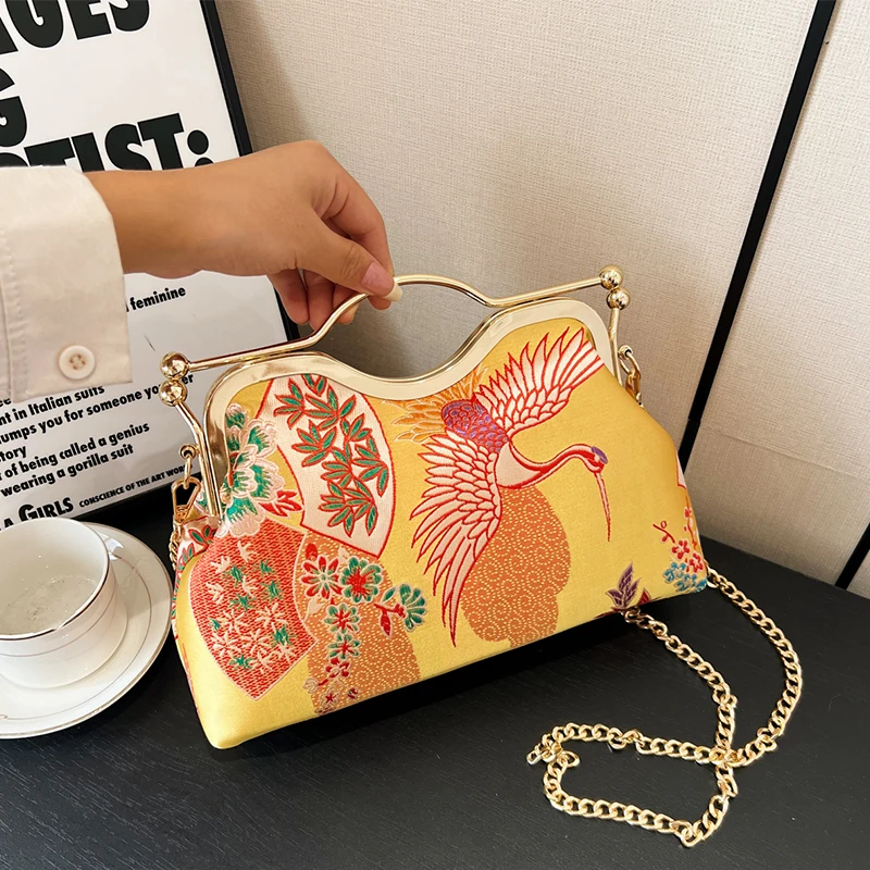 

Элегантная женская сумка в этническом стиле с вышивкой жаккардом и узором журавля, золотой вечерний клатч, брендовая сумка-ракушка через плечо