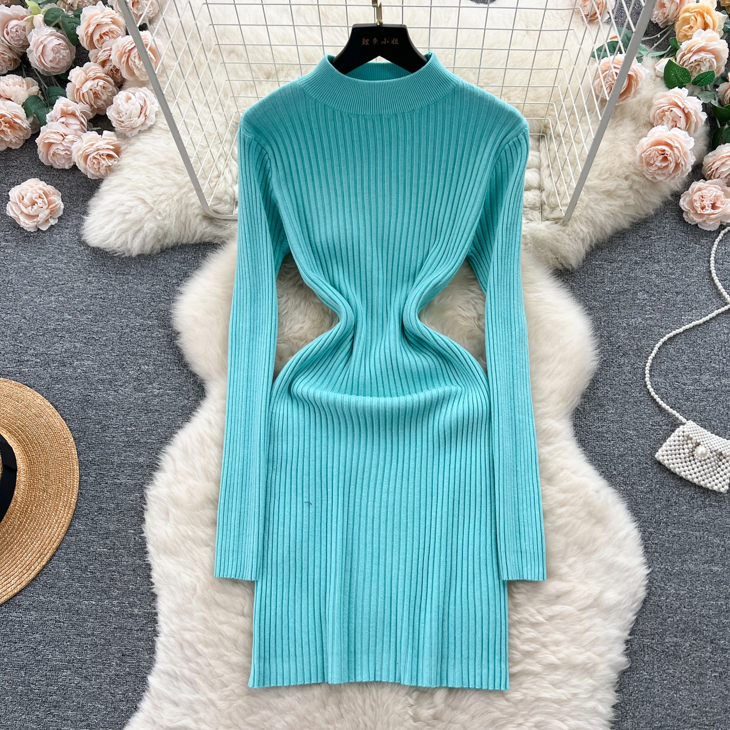 Women Autumn Knitted Dress Half Collar Neck Sexy Slim Elastic Basic Bodycon Sweater  Dress Winter knit Warm Mini Dress