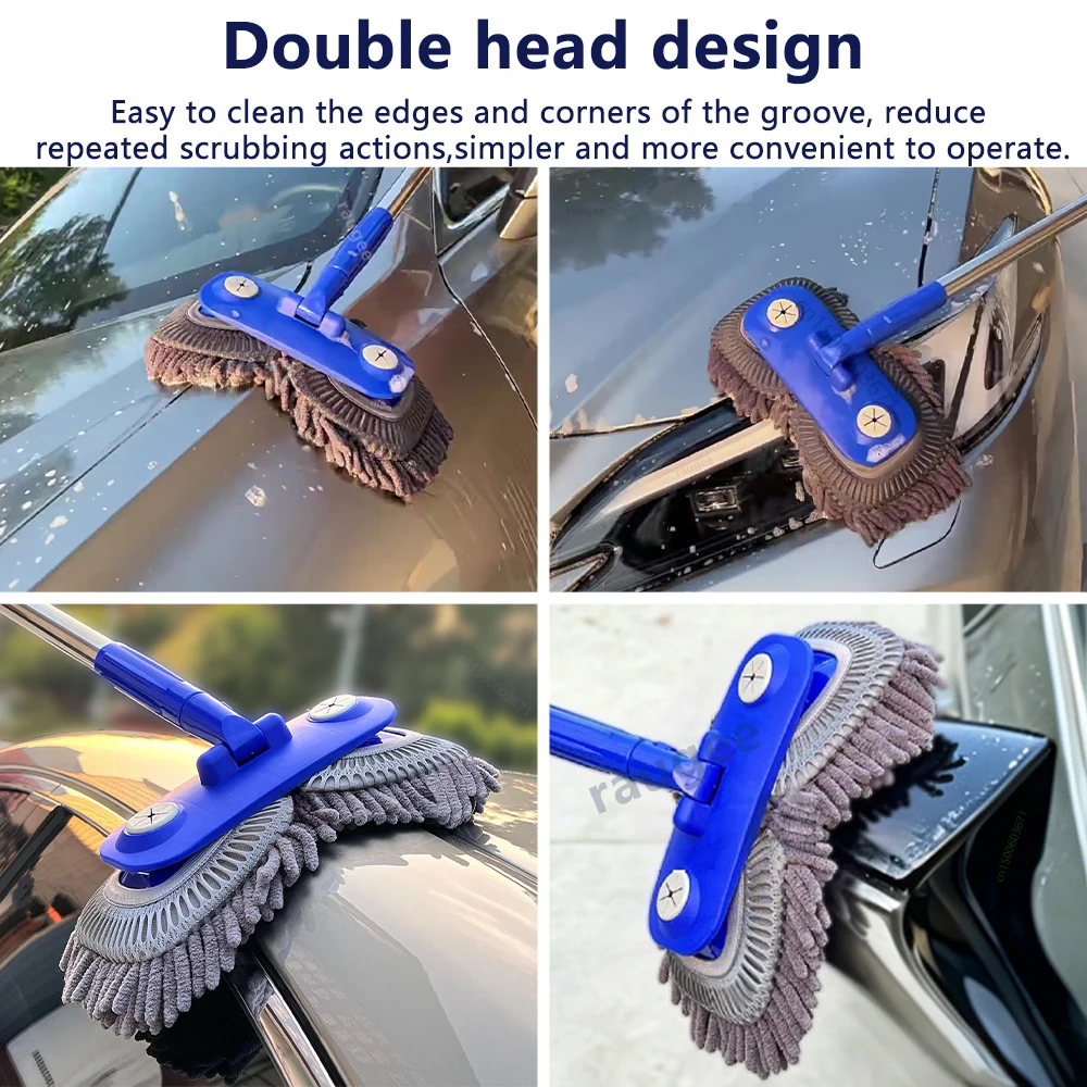 Car Cleaning Brush Double Head Car Wash Brush Telescoping Long Handle Car Wash Mop Soft Hair Chenille Broom Auto Cleaning Brush
