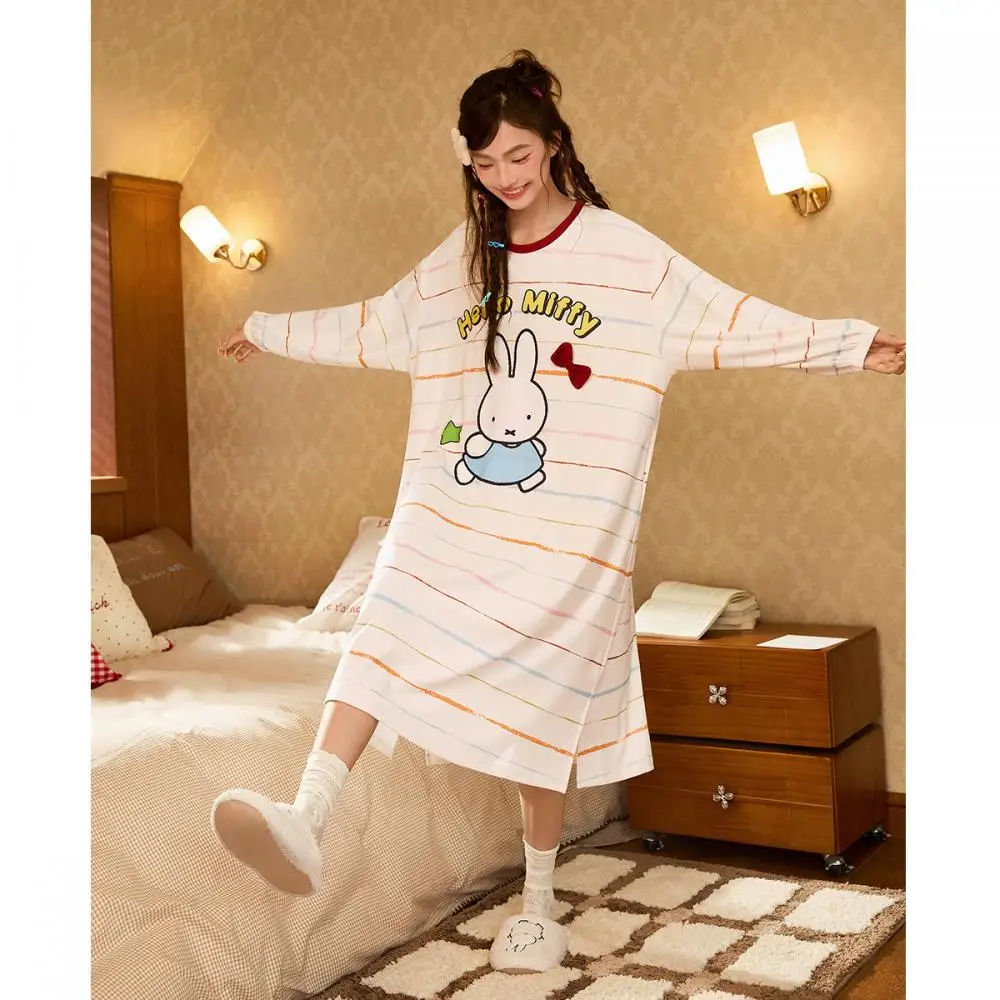

Полосатая ночная рубашка Miffy белого цвета с узором кролика, одежда для сна с длинными рукавами для женщин, милая домашняя одежда с героями мультфильмов, повседневная домашняя одежда