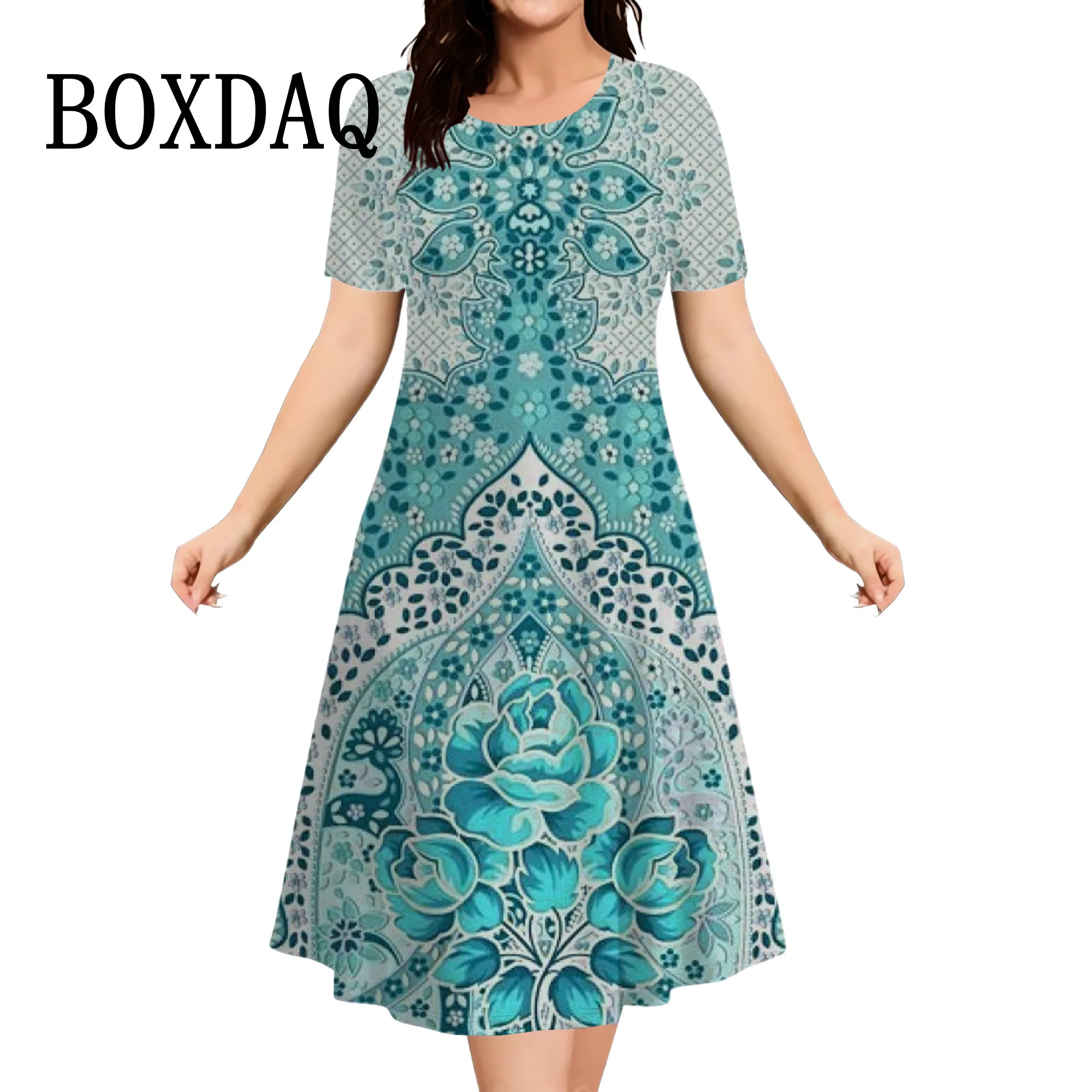 Blue Flower 3D Print Women's Dress Plus Size Summer Clothing Fashion Short Sleeve Loose A-Line Dress Casual Large Sizes Dresses