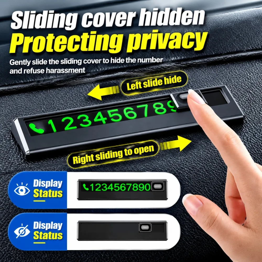 Sliding Cover Hidden Car Temporary Parking Number Plate, Luminous Phone Number Card Privacy Protection Auto Interior Accessories