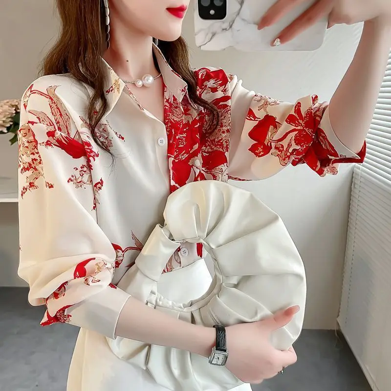 Spring Autumn New Women\'s Turn-down Collar Button Fashion Loose Versatile Long Sleeve Medium Length Sweet Printed Shirt Tops