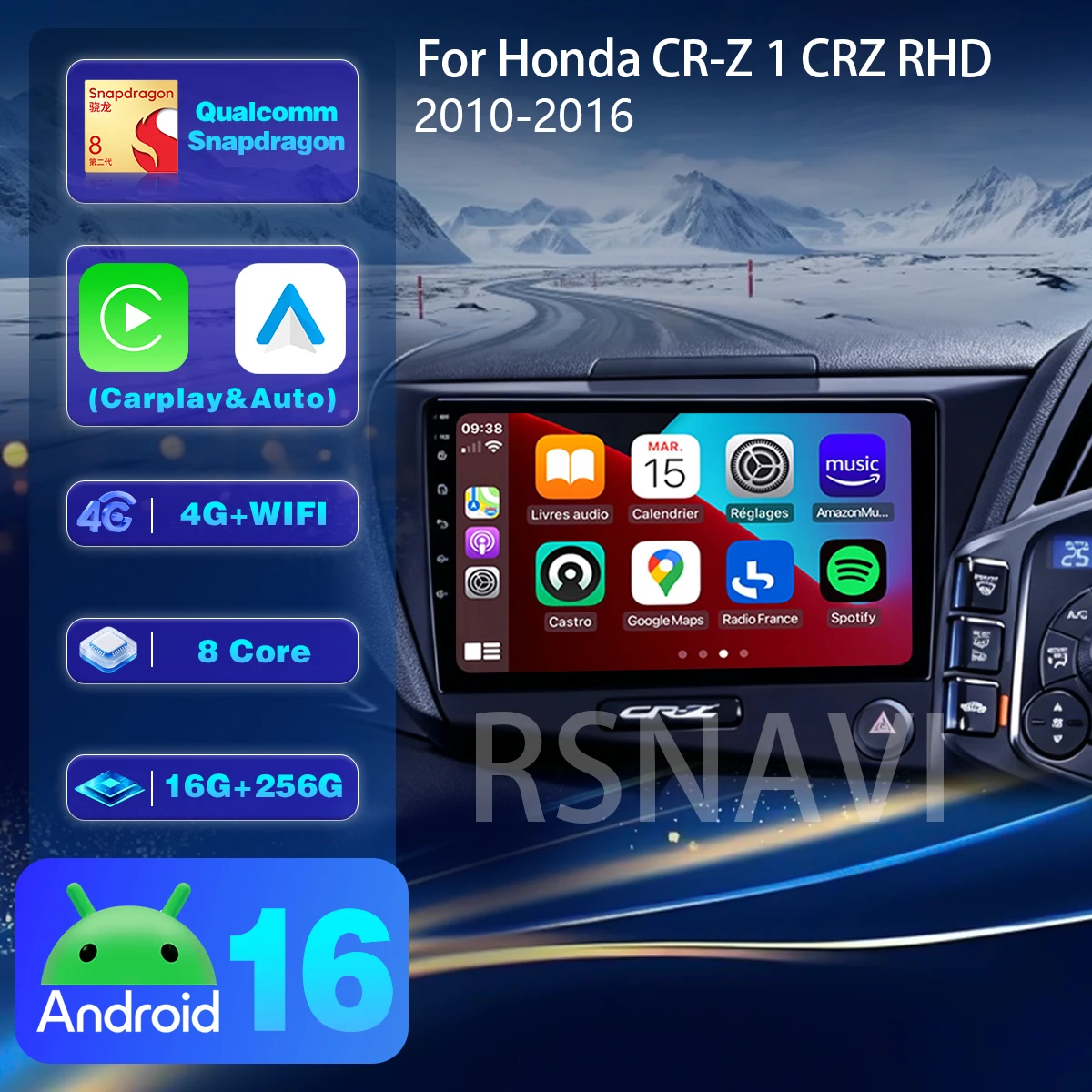 RSNAVI Android 16 For Honda CR-Z 1 CRZ RHD 2010 - 2016 Carplay Auto Stereo BT video Car Radio with Wireless CarPlay Snapdragon