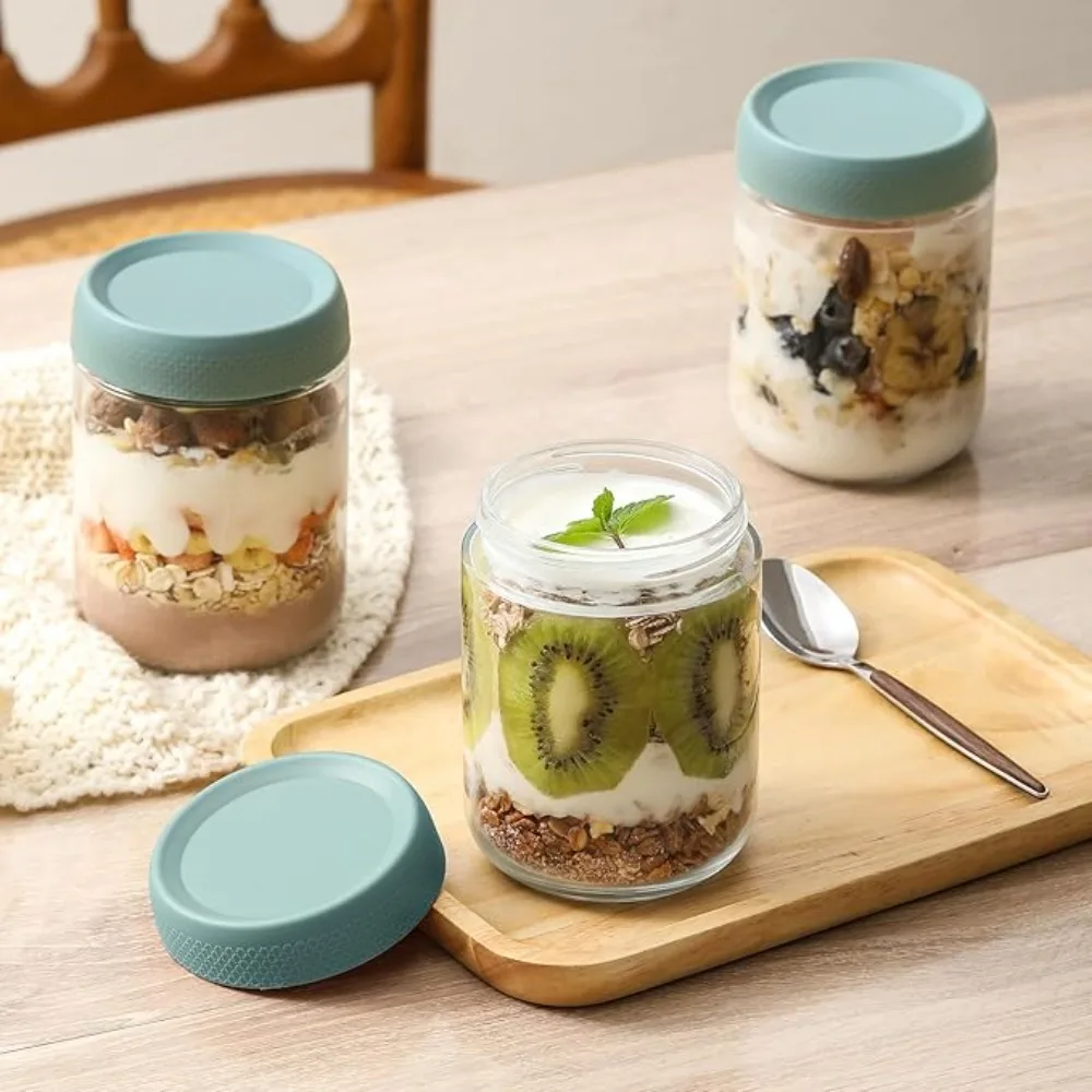 

6Pcs Multifunctional 10/16/24 Oz Overnight Oat Jar Glass Leak-Proof Mason Jars with Lid Sealed Food Storage Jar Yogurt
