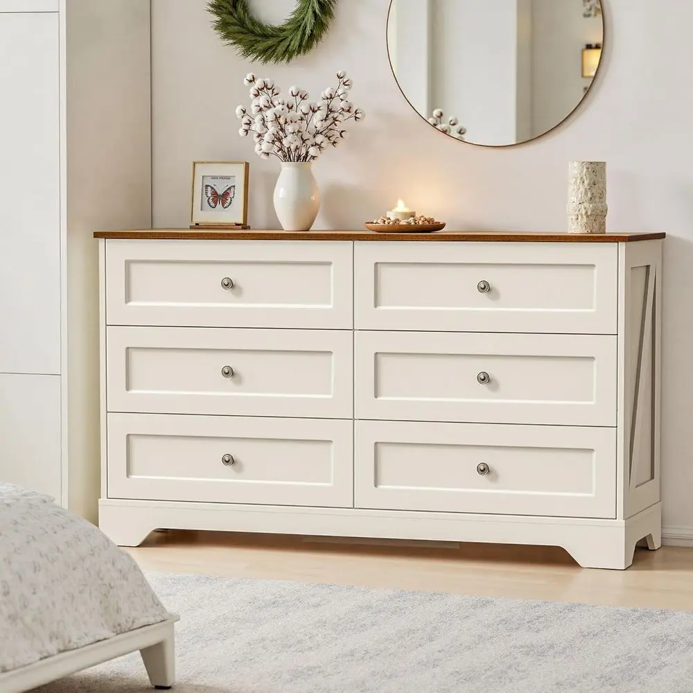 6 Drawer Wide Storage Chest with Vintage Metal Handles, White, Suitable for Bedroom, Living Room, Hallway, or Entryway