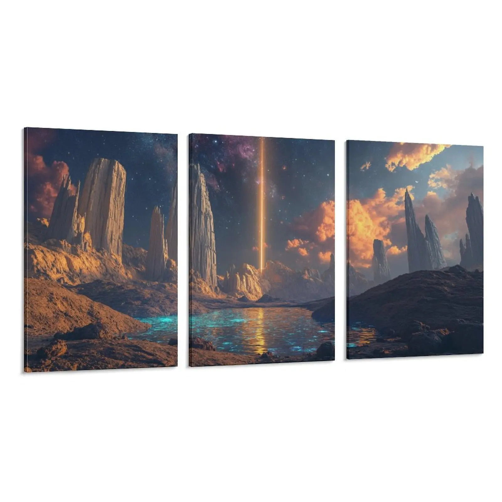 

Набор из 3 картин в рамах: Холст с изображением туманности, светящегося инопланетного каменного леса и градиентного сна – идеальное искусство для спальни и гостиной