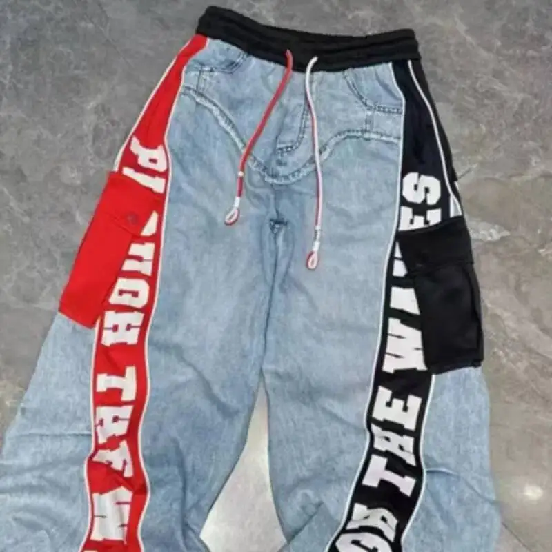 ANJY automne nouvelles femmes Chic Streetwear Denim Patchwork lettre imprimé cordon taille élastique pantalon élégant jean droit A7709