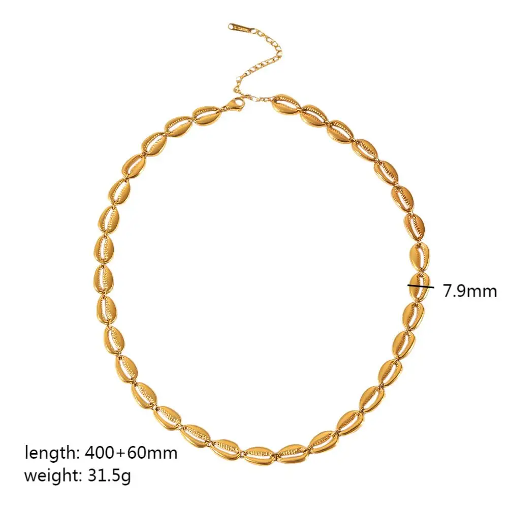 Neuestes Exquisites Luxus-Schmuckset: 18K Vergoldete, Anlaufbeständige Halskette, Edelstahl-Armband mit Muschel-Charm und Perlenohrringe – Detail 10