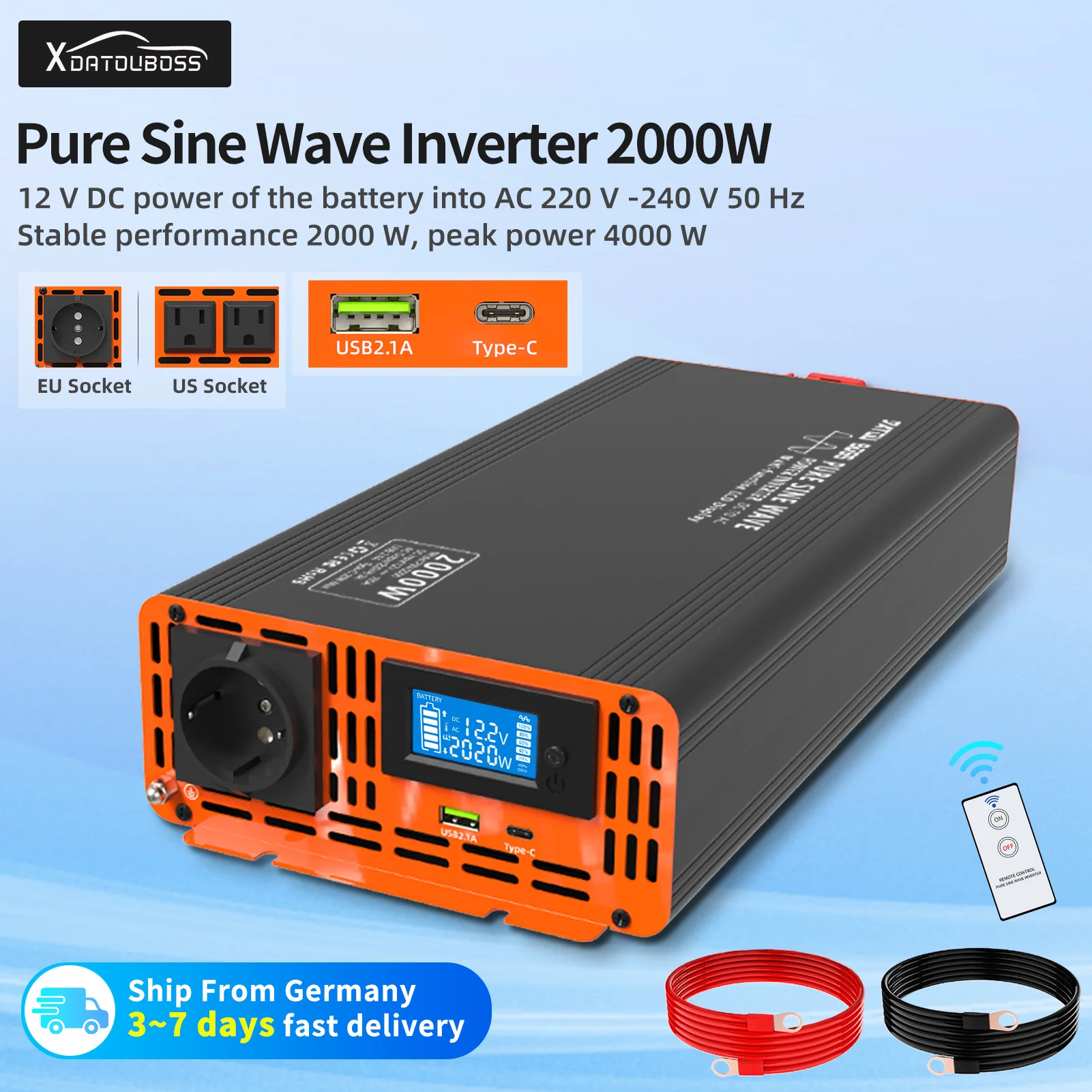 

DATOUBOSS Inverter 12v 220v 4000w DC 12V 24V 36V 48V 60V to AC 110V-220V Continuous Power 2000W Internal Heat Dissipation LCD