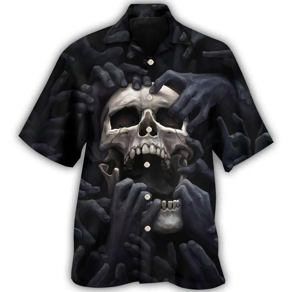 New Casual Men Button Up Hawaii Shirts Skull Theme Tops Cool Halloween Botton Up y2k Short Sleeve Casual Shirts