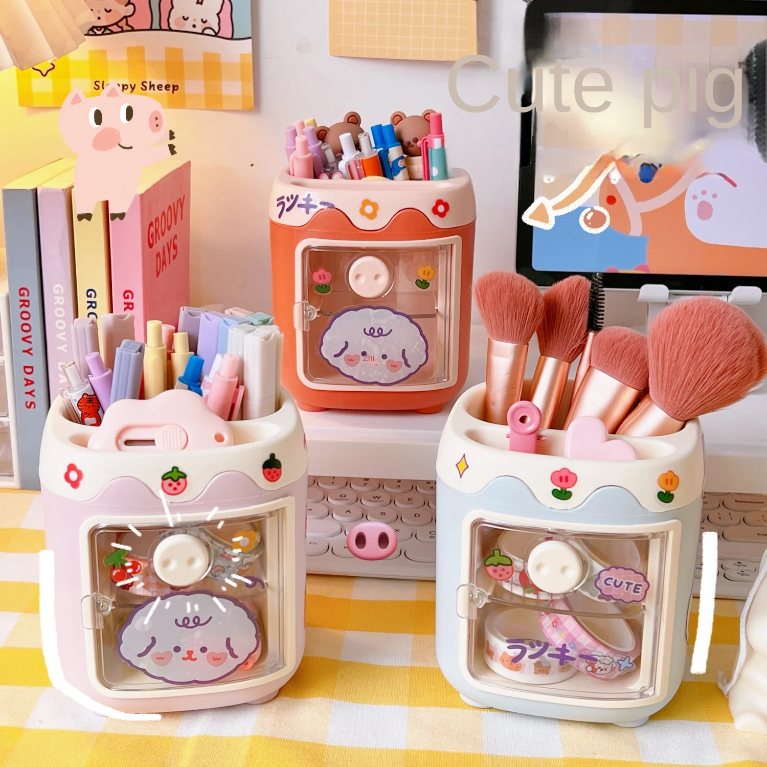 Creative Pen Holder Cartoon Cute Multi grid Pig Pen Holder Student Office Stationery Pig Nose Pen Holder Drawer Pen Holder