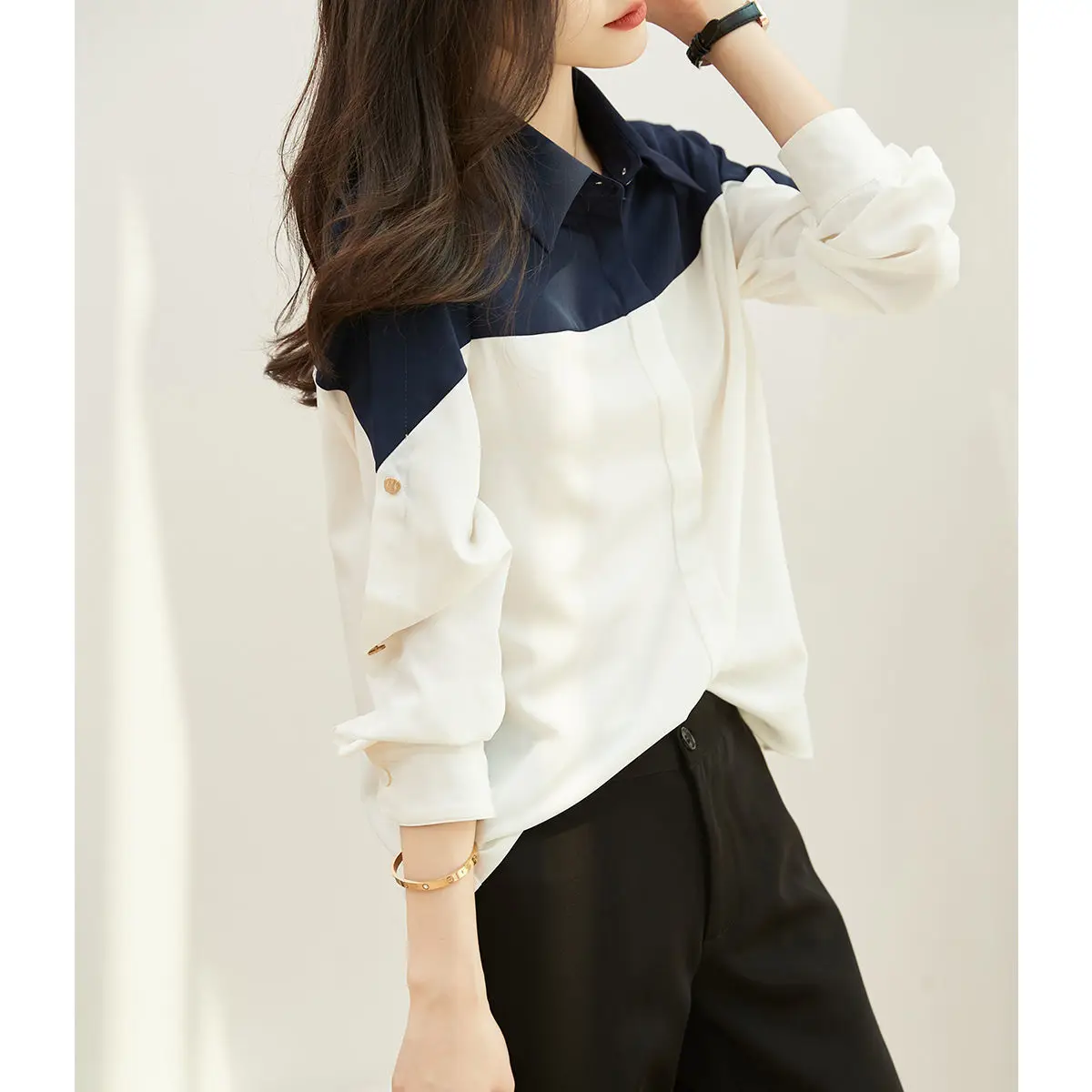 Early Spring New Color Blocking Simple and Comfortable Versatile Slimming Patchwork Long Sleeved Chiffon Shirt Top for Women