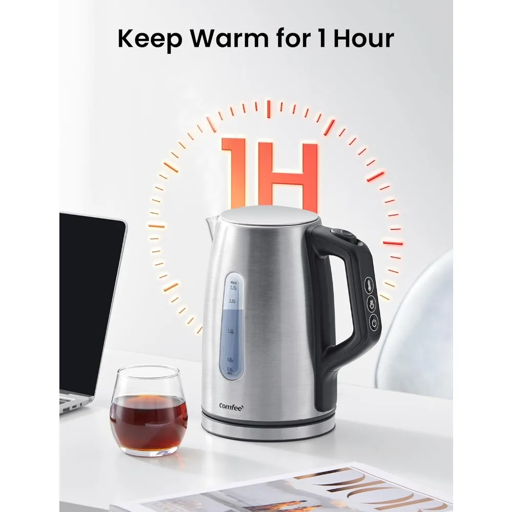 غلاية كهربائية، تحكم في درجة الحرارة مع 6 إعدادات مسبقة، تحافظ على الدفء لمدة ساعة واحدة، مع نافذة عرض، إيقاف تلقائي وحماية من الغليان الجاف
