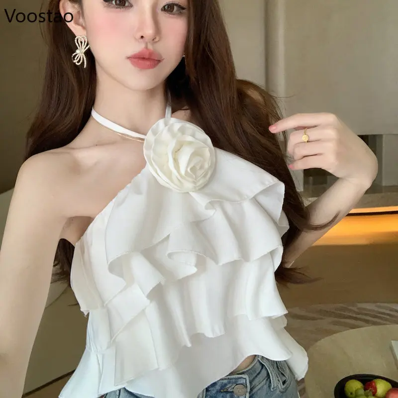 ฤดูร้อนผู้หญิง Sweet Halter คอเสื้อ Elegant Off Shoulder Ruffles Crop Tops หญิงแฟชั่น Beach เสื้อผ้าสไตล์เซ็กซี่