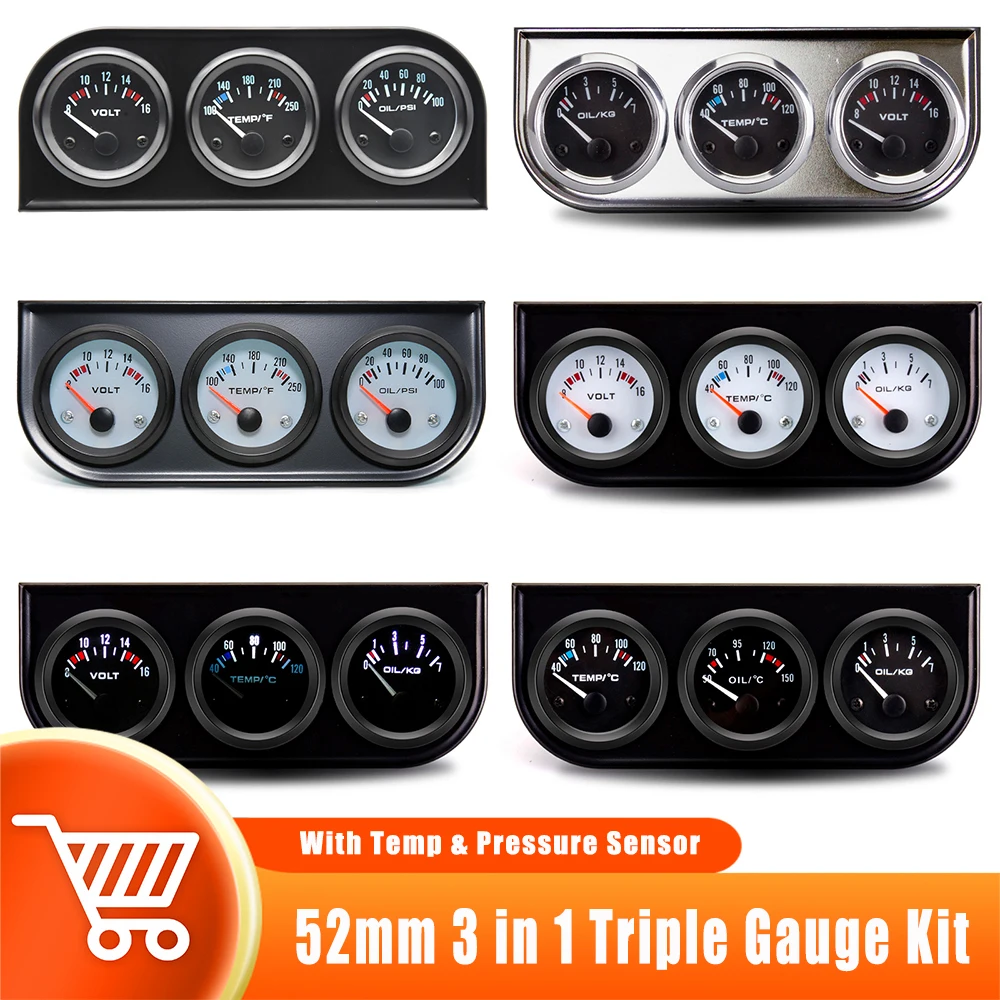 

52mm Triple gauge 3 in 1 Volt Meter + 100-250℉ water Temp Gauge+0-100psi Oil Pressure Gauge & Oil Temperature Gauge With Sensor