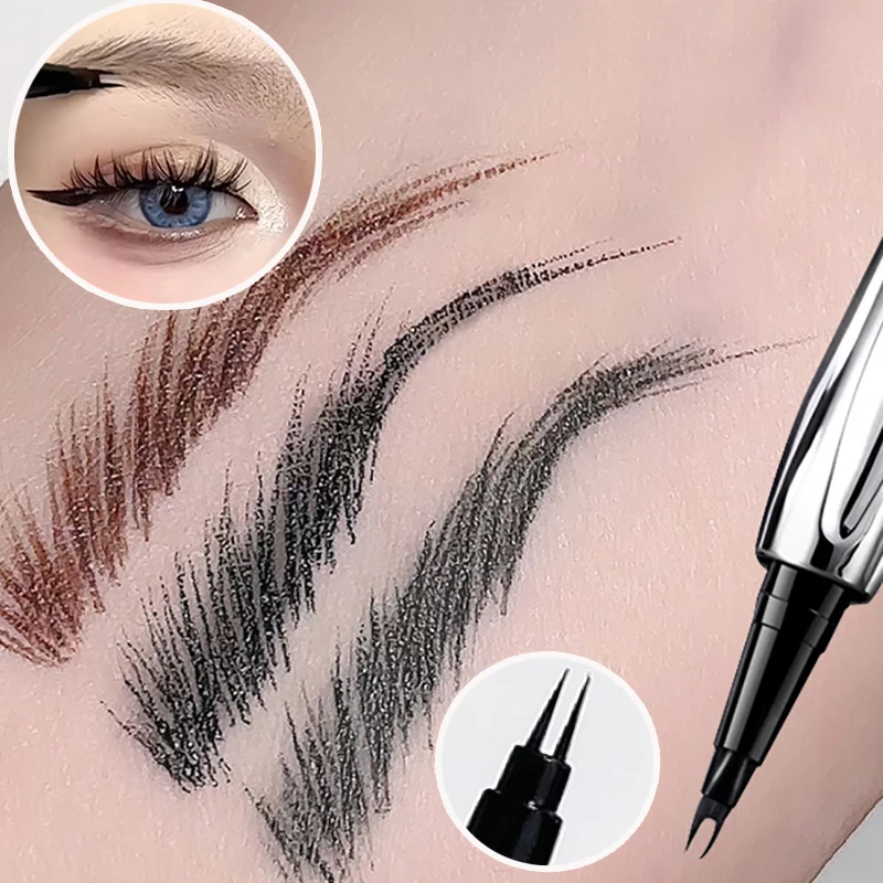 Lápiz de cejas plateado ultrafino de 2 puntos, tatuaje de cejas salvaje líquido, resistente al agua, 2 tenedores, lápiz para cejas de gusano de seda, maquillaje de ojos fácil de agarrar