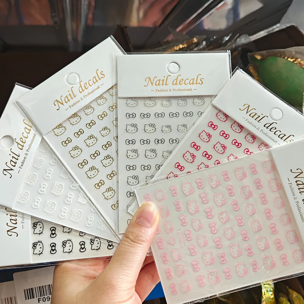 6 Stück 3D Hello Kitty Nail Art Aufkleber Rot/Rosa/Gold/Silber Schleife Kitty Katzenkopf selbstklebende Abziehbilder DIY Slider Maniküre Dekoration