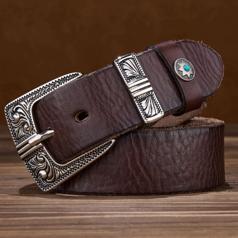 Retro Top-Grain Leather Belt for Men, Fashionable Casual Versatile Ins Denim Belt