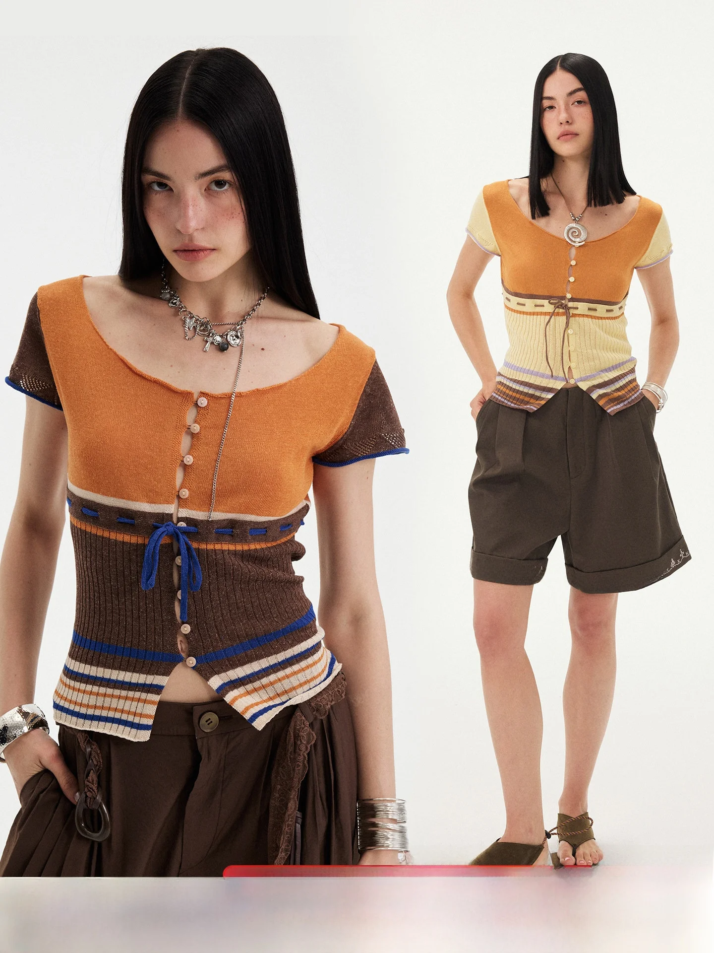 DIDDI MODA Women's Short Sleeve Knitted T-Shirt U-Neck Casual Style Striped Pattern Summer 2026 New Arrival Orange And Coffee...