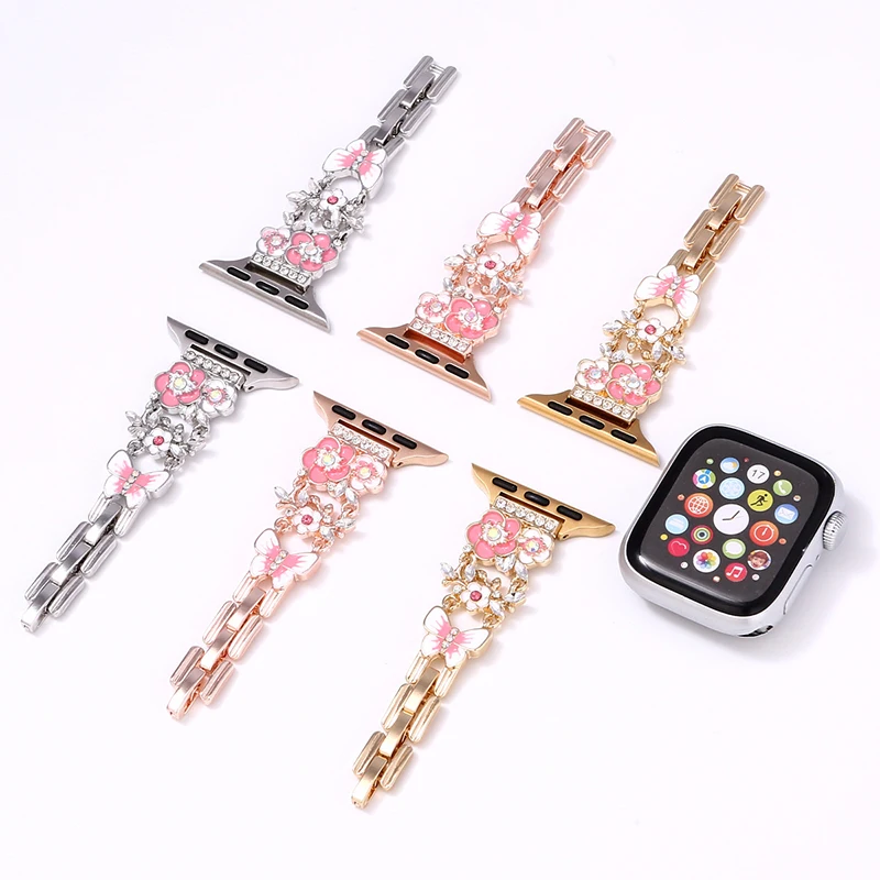 Apple Watch Metal Strap Women Butterfly Flower Wrist Strap Apply To Apple Watch Ultra 40/41/42/44/45/49mm Watchband Accessories