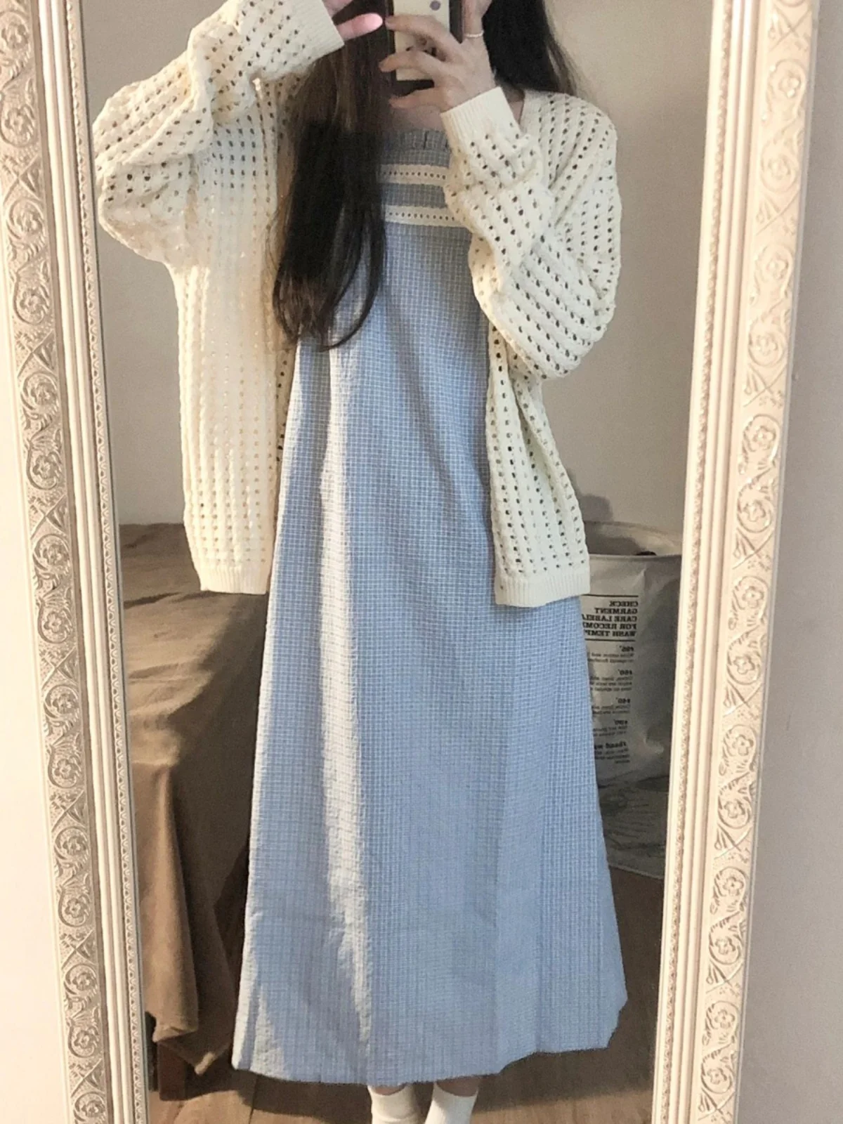 

Women's Spring Autumn Plaid Dress Set with Knitted Hollow out Cardigan Two Piece Casual Style Polyester Fabric Fashionable