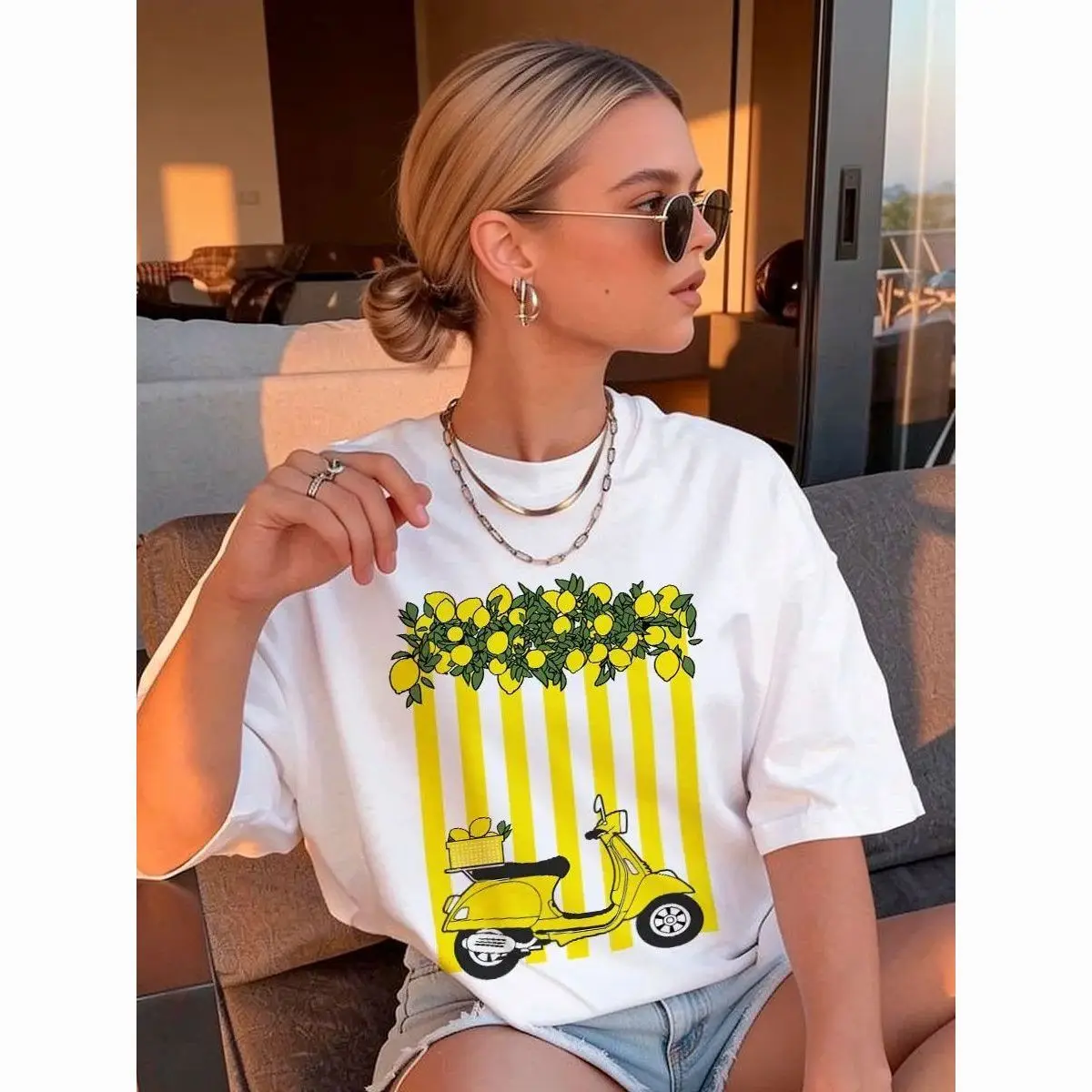 Lemon Scooter Graphic T Shirt Oversized Casual Summer Tee Vintage Print Crew Neck Short Sleeve Holiday Vacation Top