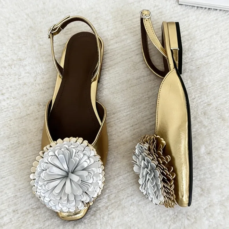 

Fashion Silver Flower Decoration Gold Flat Sandals Women Summer Buckle Strap Low-Heel Pumps Elegant Slingback Dress Shoes
