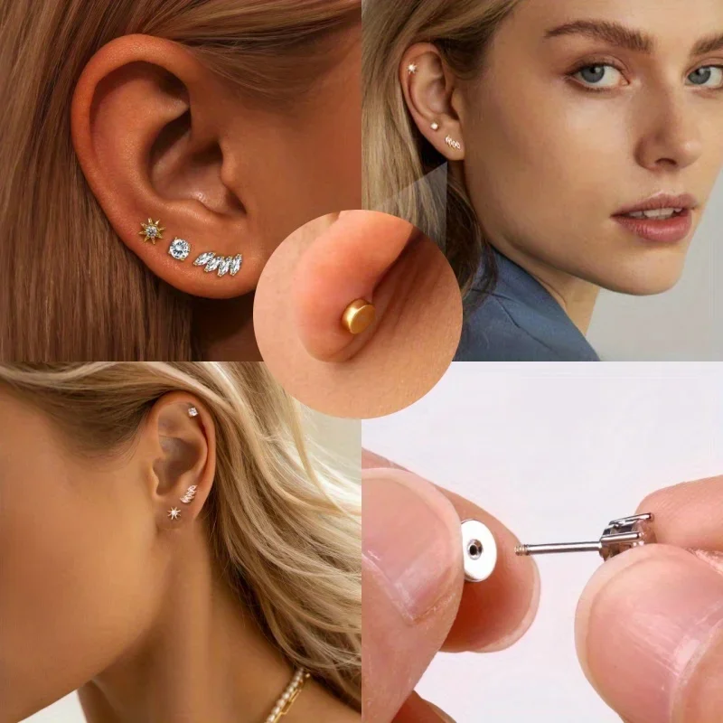 EVISPOL 20G acier inoxydable dos plat plaqué or boucles d'oreilles pour femmes hypoallergénique CZ Cartilage oreille Percing ensemble de bijoux