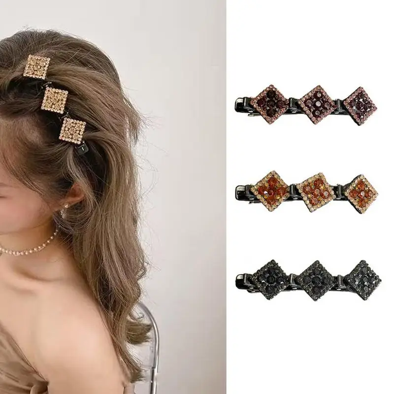 Rhinestones Braided Hair Clips Stylish Clover Hair Clips Korean Elegant Hairpins Styling Hairgrips Durable Barrettes For Women