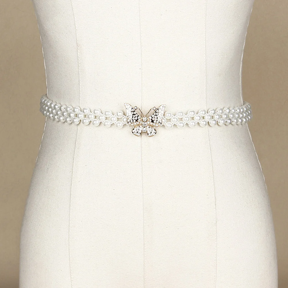 2Pcs Pearl Waist Belt Elastic Butterfly Waist Chain Rhinestone Bridal Dress Jewelry for Women Women Western Belt