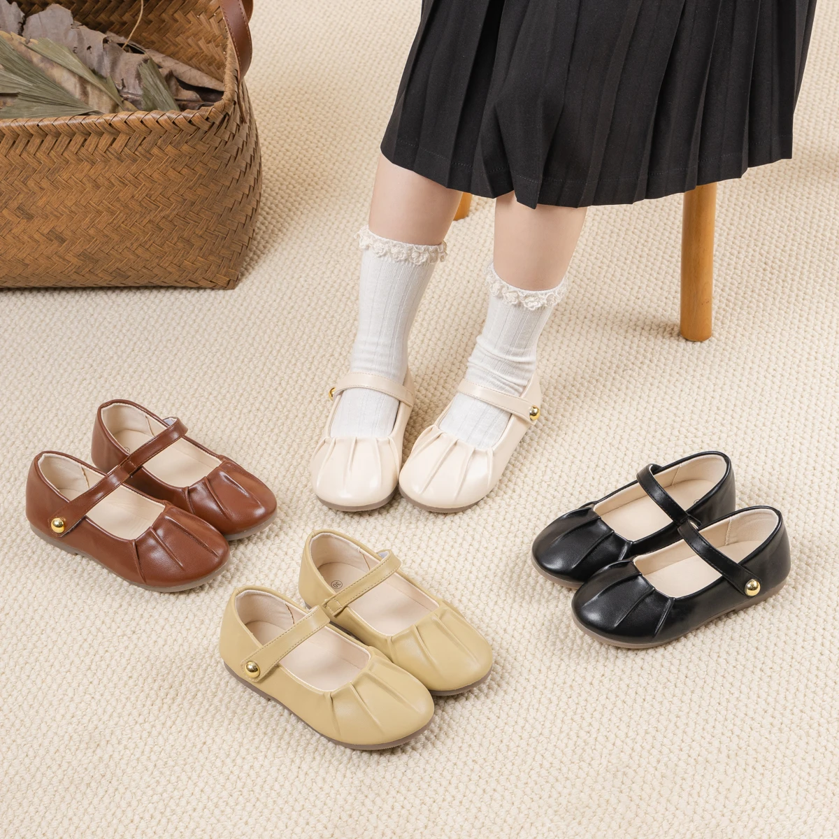 

Детские туфли Мэри Джейн с плиссировкой для девочек, на липучке, с мягкой подошвой, повседневные, нарядные