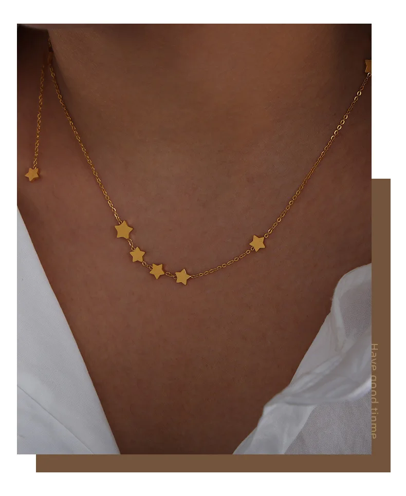 Edelstahl-Halsketten mit dünner Kette und Sternquaste für Damen, 18 Karat vergoldet, kein Anlaufen, Damen-Halskette mit mehreren Stern-Charms – Detail 3