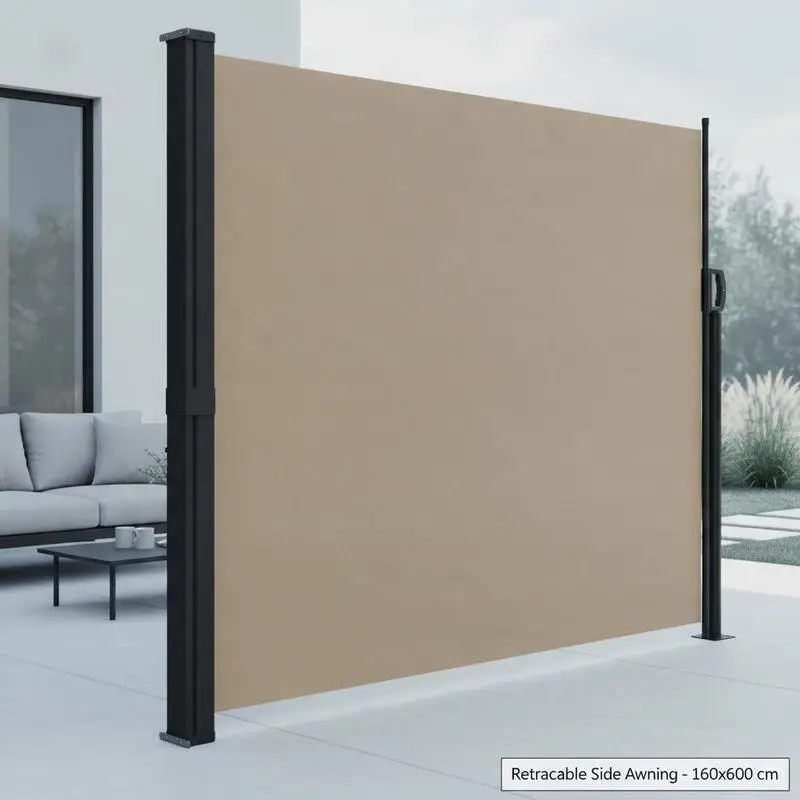 Auvent latéral rétractable en polyester avec revêtement PU, 160 x 600 cm, installation murale simple et stable, brise-vue intime pour balcon, terrasse, jardin, patio, paravent décoratif pour espace extérieur