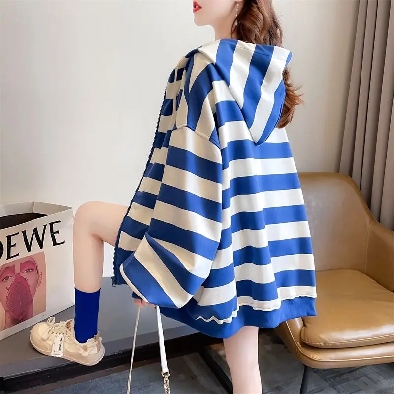 Striped Hooded Thin Sweatshirt Jacket for Female Students New Casual Small Top Trendy