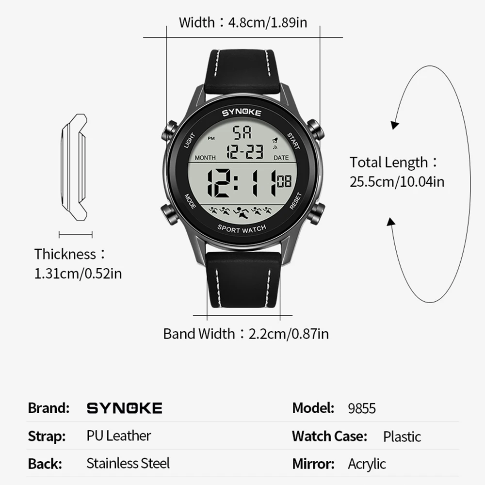 남성용 디지털 스포츠 시계, 가죽 스트랩, SYNOKE 9855 전기 손목시계, 대형 스크린, 50M 방수