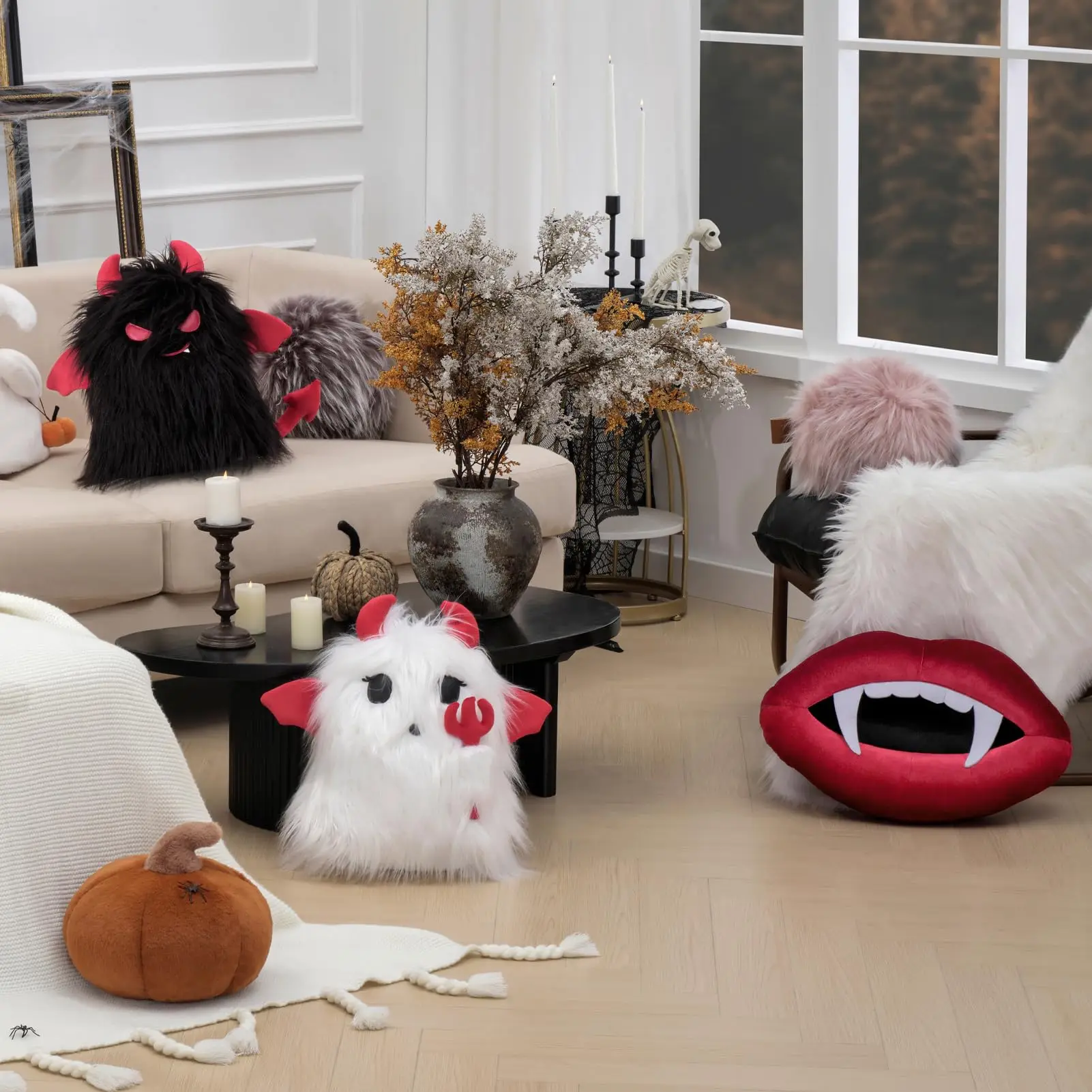 Ashler Vampire Lips Velvet Pillow 3D Felt Teeth Halloween Decorative Throw Pillow for Bed 18.5 X 12 Inches