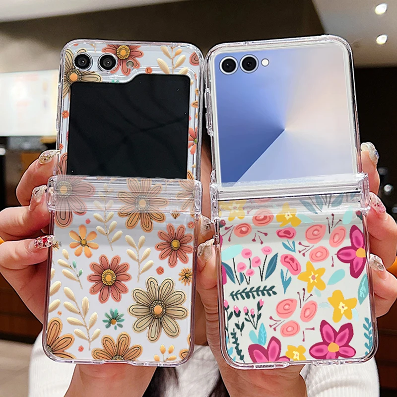 Für Samsung Galaxy Z Flip8 7 FE Flip5 Flip4 Flip3 Flip6 Bunte Blumen Transparente Handyhülle Stoßfeste Faltbare Harte PC-Abdeckung